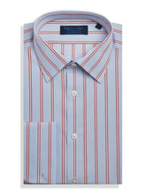 Contemporary Fit, Classic Collar, Double Cuff Shirt in a Blue, Red & White Stripe Poplin Cotton