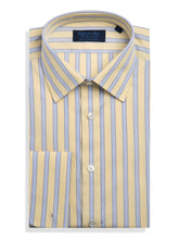 Contemporary Fit, Classic Collar, Double Cuff Shirt in a Yellow, Blue & Navy Stripe Poplin Cotton