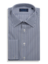 Contemporary Fit, Classic Collar, Double Cuff Shirt in a Navy, Black & White Stripe Poplin Cotton